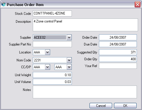 Purchase order item screen