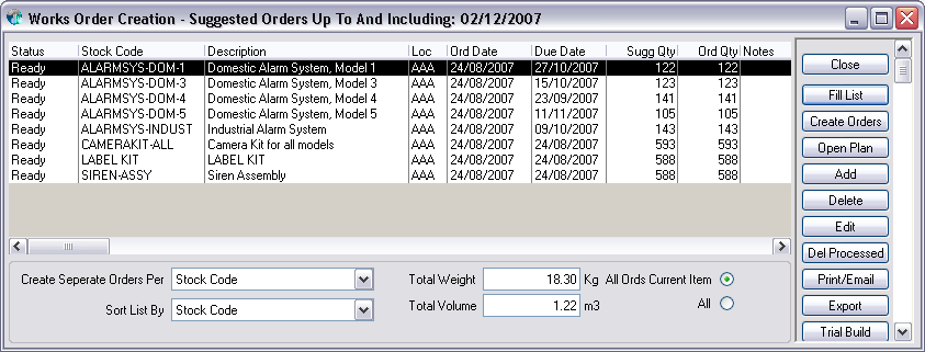 Works Order Creation list of suggested orders